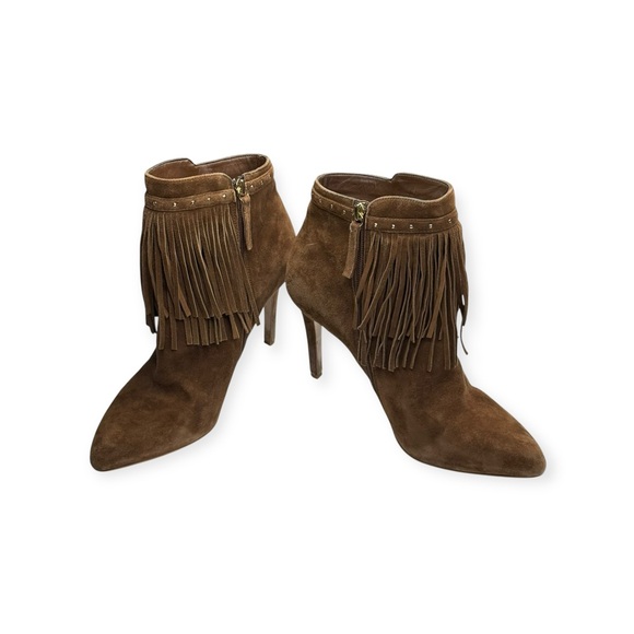 White House Black Market WHBM ꧁ Suede Fringed Heeled Ankle Boots ꧁ Cognac ꧂ 9.5 - Picture 13 of 16